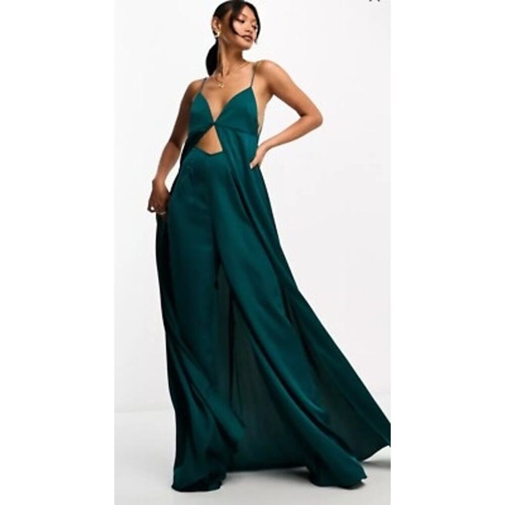 Asos Design Satin Cami Jumpsuit Womens 4 Jade Green Cape Overlay Eveningwear